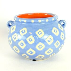 New WOT Anthropologie Stoneware Art Pottery Blue & White Flower Pot Tiny Handles